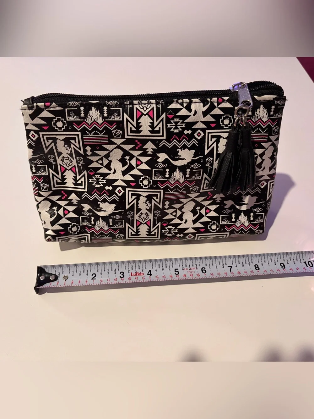 Black & White Disney Princess makeup bag with tassels. Disney loungefly.